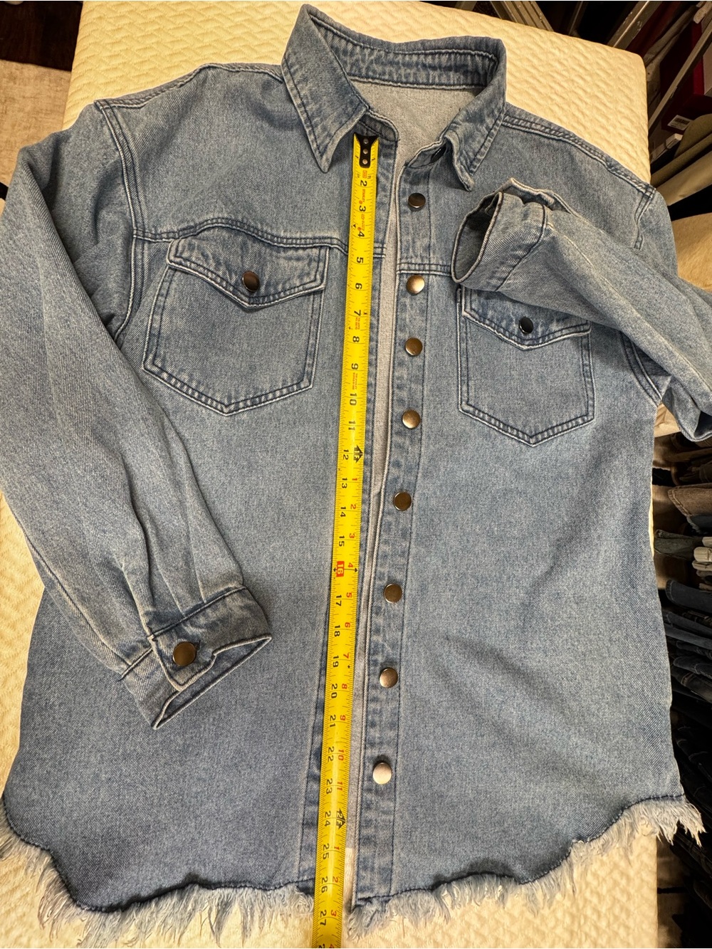 Women's Blue Denim Jean Jacket with Frayed Hem - Picture 8 of 10